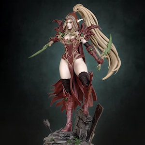 May include: A detailed figurine of a female elf warrior, clad in a burgundy and gold outfit with matching boots and cape. She holds two green-bladed daggers and has long blonde hair. The figure stands on a stone base with an arrow.