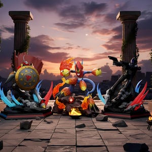 May include: Three detailed figurines of fantasy characters are displayed on a stone surface. One figure holds a shield, another is engulfed in flames, and the third is aiming a gun. The background features pillars and a sunset.