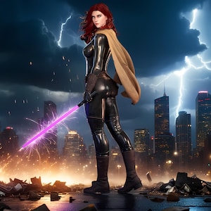 May include: A woman in a black bodysuit and boots, with a tan cape, holds a glowing purple lightsaber. She stands in a city with a stormy sky and lightning. Debris litters the ground, with sparks and explosions.