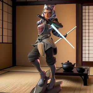 Puede incluir: Figura detallada de un personaje femenino con marcas azules y blancas, vestida con un atuendo gris y rojo, y sosteniendo dos sables de luz azules brillantes. La figura se encuentra sobre una base rocosa en una habitación con un juego de té.