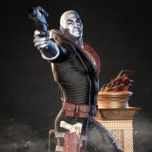 May include: A metallic silver figure in a black and red outfit, holding a futuristic pistol. The figure is posed in a dynamic stance, with a determined expression. The figure has a detailed design, with a belt and pouches. A decorative element is in the background.