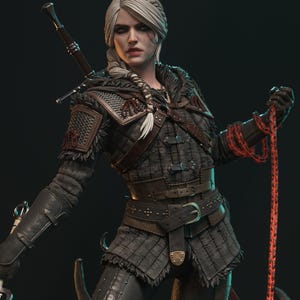 May include: A detailed statue of a woman with white hair in a braid, wearing dark armor with fur trim, a studded belt, and holding a sword and a red chain. The figure has a serious expression and is posed dynamically.