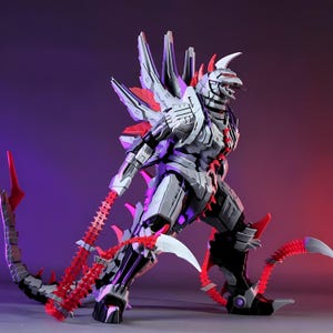 May include: A detailed action figure of a robotic monster with a gray and white color scheme, accented with red spikes and details. The figure has a menacing pose, with sharp claws and a spiked tail, set against a gradient purple and red background.