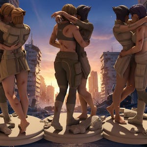 May include: Three statues of figures embracing, set against a backdrop of a destroyed cityscape. The figures are clad in military-style attire, with detailed textures and realistic poses. The statues are on circular bases.