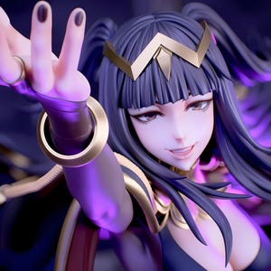 May include: A detailed figurine of a character with dark purple hair and a gold headpiece. The figure is wearing a dark blue outfit with gold accents. The character is smiling and reaching out with a hand, with a gold ring on the finger.