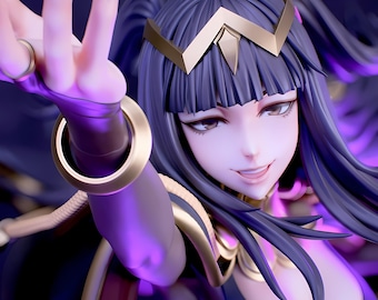 May include: A detailed figurine of a character with dark purple hair and a gold headpiece. The figure is wearing a dark blue outfit with gold accents. The character is smiling and reaching out with a hand, with a gold ring on the finger.