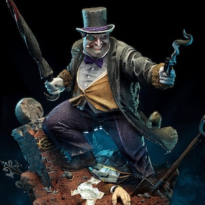 May include: A detailed statue of The Penguin from Batman. The figure is dressed in a top hat, coat, and purple pants, holding an umbrella and a smoking gun. The base includes a tombstone, money, and a shovel.