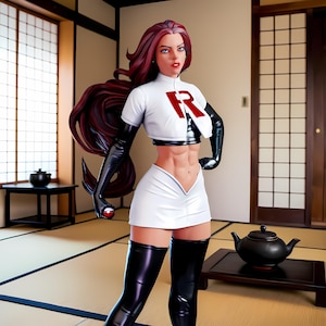May include: A figurine of a woman with long red hair, wearing a white crop top with a red "R" logo, a white skirt, and black thigh-high boots. She is holding a red and white ball. The background features a traditional Japanese interior with tatami mats and shoji screens.