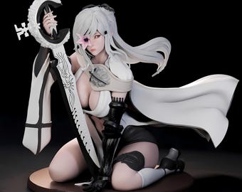 May include: A detailed figurine of a kneeling character with white hair, wearing a white and black outfit. The character holds a large, ornate sword with a crescent moon design. A pink flower is placed near the character's eye. The figurine is on a brown base.