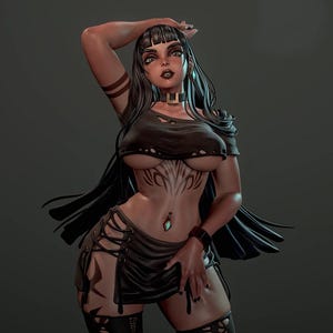 May include: A 3D rendered figure of a woman with long black hair, wearing a black crop top, skirt, and thigh-high stockings. The figure has tattoos on the torso and arm, and a choker. A small, teal-colored gem hangs from the navel.