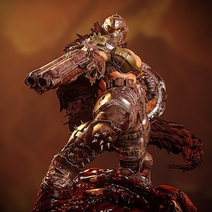 May include: A detailed statue of a warrior in battle armor, holding a large double-barreled shotgun. The figure is posed on a blood-red surface, with a shield on the back. The armor is a mix of bronze and dark metal, with spikes and intricate details.