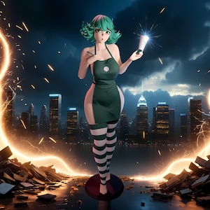 May include: An anime-style character wearing a green apron with a logo, striped socks, and a green wig, holding a cup that emits light. The background features a cityscape under a stormy sky with lightning.