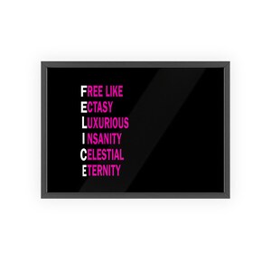 May include: A framed black print with the word "FELICE" in a vertical arrangement. The word is composed of the following words: FREE LIKE, ECSTASY, LUXURIOUS, INSANITY, CELESTIAL, and ETERNITY. The words are in white and pink.