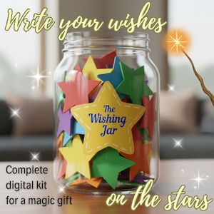 Pode incluir: Um frasco de vidro transparente cheio de recortes coloridos em forma de estrela. O frasco tem um recorte de estrela amarela com o texto "The Wishing Jar". A imagem inclui o texto "Write your wishes", "Complete digital kit for a magic gift" e "on the stars".