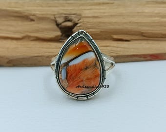 Spiny Oyster Turquoise Ring, Pear Shape Sterling Silver Band, Orange Statement Stone Ring