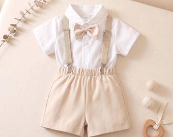 Baby Boy Shorts Set, Gentleman Bow Tie Shirt & Suspender Shorts, Toddler Birthday Outfit, Baby Shower Gift, Coming Home Outfit