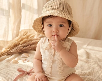Słomkowy kapelusz przeciwsłoneczny dla dziewczynki z koronkową kokardą, prezent na baby shower, kapelusz plażowy dla malucha, letnia czapka panama dla dzieci