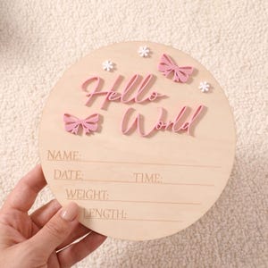 Può includere: Un cartello rotondo in legno con la scritta "Hello World" in rosa. Presenta fiocchi e fiori rosa. Sono previste linee per Nome, Data, Ora, Peso e Lunghezza.