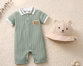 Bear Gift Set, Cable-Knit Romper & Bucket Hat, Baby Shower Gift, Newborn Polo Outfit