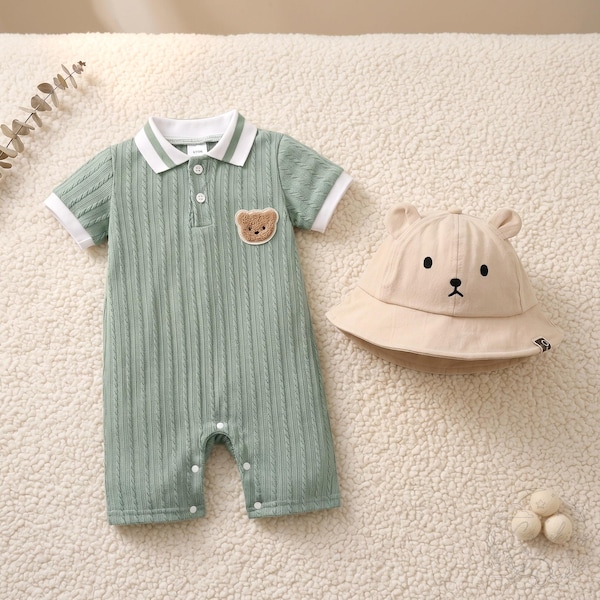 Set Regalo Oso, Pelele Cable & Sombrero, Regalo Baby Shower, Outfit Polo Recién Nacido