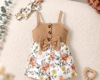 Conjunto Floral para Bebé Niña, Pelele de Canalé con Lazo y Diadema, Set de Verano Recién Nacida, Regalo Baby Shower Niña