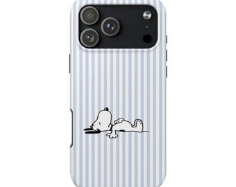Minimalistyczne etui na telefon z paskiem Snoopy'ego – urocze, niebiesko-białe, z kreskówkowym psem na iPhone'a, miękka osłona ochronna