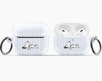 Cute Blue Stripe Snoopy AirPods Case Mockup | Minimalist AirPods Pro Cover Design | Kawaii Cartoon Earbuds Case with Keychain