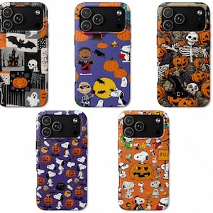 May include: Five rectangular phone cases featuring Halloween-themed designs. The patterns include a patchwork of bats and ghosts, Peanuts characters in costumes on purple and orange backgrounds, and a detailed illustration of a skeleton among pumpkins.