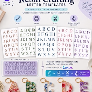 Könnte beinhalten: Bearbeitbare Harz-Bastelbuchstabenvorlagen mit fünf Alphabetbögen in verschiedenen Farben und Blumenmustern. Enthält eine Referenzformgrafik und fünf fertige Harz-Buchstabenschlüsselanhänger mit den Buchstaben A, B, C, D und E sowie goldfarbenen Ringen.