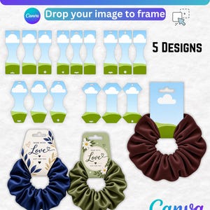 May include: A digital Canva template for scrunchie tags featuring five distinct display card designs. The set includes blank templates with a sky and grass graphic, plus two pre-designed tags labelled Made with Love, displaying a navy and an olive scrunchie.