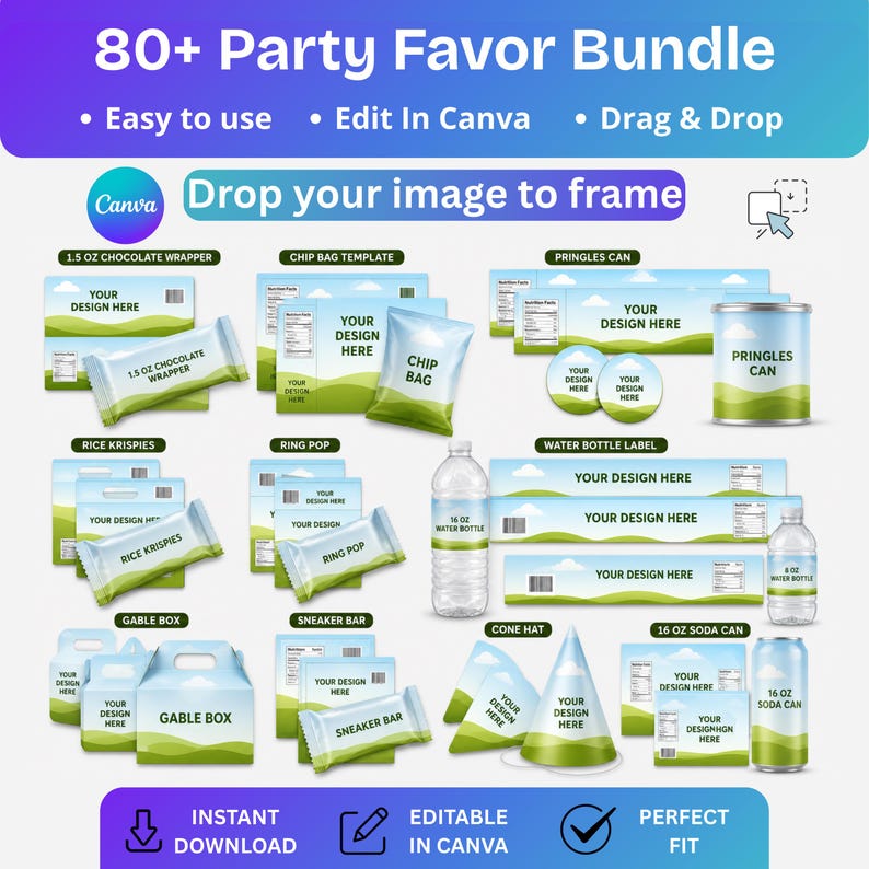 May include: An image showcasing a party favor bundle with various templates, including chocolate wrappers, chip bags, Pringles cans, water bottle labels, and more. The design elements are customizable with the text "Your Design Here." The image also includes the text "Easy to use," "Edit in Canva," and "Instant Download."