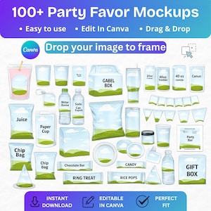 May include: A digital mockup featuring over 100 party favor templates. Includes various containers like cups, bottles, bags, and boxes, with text labels such as "Juice", "Candy", and "Gift Box". The design is editable in Canva and available for instant download.