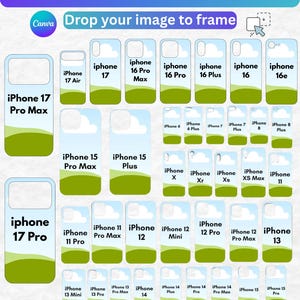 Op de afbeelding: Een digitaal Canva-sjabloon voor telefoonhoesjes met een verzameling contouren voor diverse iPhone-modellen. De afbeelding bevat tekstlabels voor elk apparaat en een achtergrond met een blauwe lucht en een groen landschap.