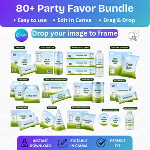 May include: A promotional image for a party favor bundle, featuring templates for items like ring pops, soda cans, water bottle labels, and chip bags. The image includes text such as "80+ Party Favor Bundle", "Edit in Canva", and "Instant Download". The design allows users to add their own images.