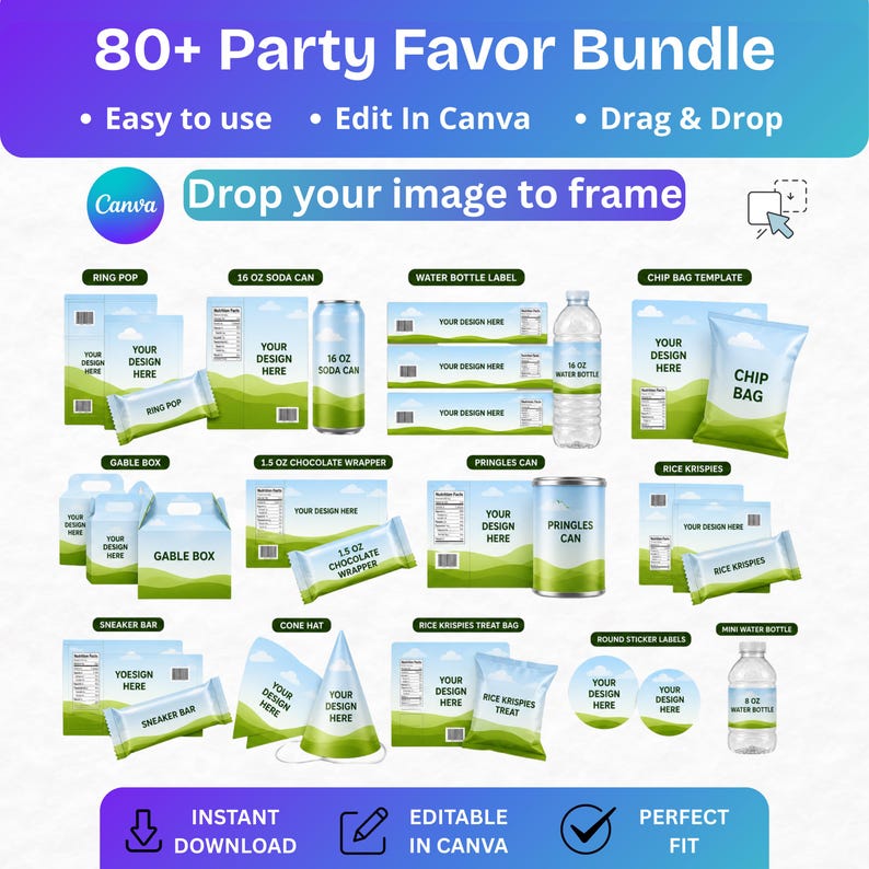 May include: An image showcasing a party favor bundle with various templates, including ring pops, soda cans, water bottle labels, chip bags, gable boxes, chocolate wrappers, Pringles cans, Rice Krispies, sneaker bars, cone hats, treat bags, sticker labels, and mini water bottles. Text includes "80+ Party Favor Bundle", "Easy to use", "Edit in Canva", and "Instant Download".
