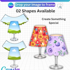Könnte beinhalten: Eine digitale Vorlage für Weinglas-Lampenschirme mit dem Text WINE GLASS LAMPSHADE TEMPLATE, Drop your image to frame, 02 Shapes Available und Create Something Special. Sie zeigt Beispiele für Lampenschirme mit Wolken-, Katzen- und Blaubeermustern.