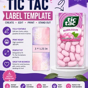 以下が含まれることがあります： TIC TAC LABEL TEMPLATEというテキストが記載されたTic Tacラベル用のデジタルテンプレート。デザインには、ピンクと紫の水彩画風の背景に金色の斑点が入った、7.62 x 3.17 cmの長方形のラベルグラフィックが含まれています。