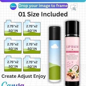 以下が含まれることがあります： Lip Balm Label Canva Template、01 Size Included、2.75インチx2.50インチのテキストが記載されたリップバームラベル用のデジタルCanvaテンプレート。グラフィックには、風景デザインのチューブとピンクのラベルが付いたチューブの2本の円筒形リップバームが表示されています。