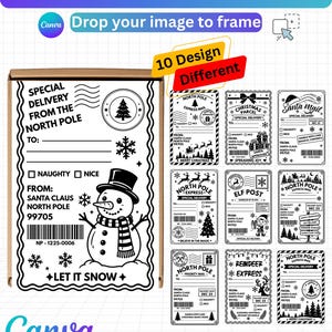 May include: A collection of ten black and white printable Santa mail sticker labels featuring festive holiday graphics like snowmen, reindeer, and Christmas trees. Each label includes fields for sender and recipient details, barcodes, and holiday text.