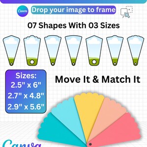 May include: A digital Canva template for petal fans featuring seven distinct shapes in three sizes: 2.5" x 6", 2.7" x 4.8", and 2.9" x 5.6". The graphic displays a fan arrangement of five coloured petals in teal, light blue, yellow, peach, and pink.