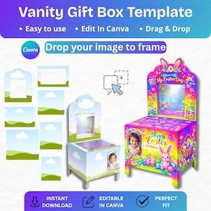 May include: A digital template for a vanity gift box, featuring the text "Vanity Gift Box Template". The design includes editable elements, with the option to drag and drop images. The template is designed for use in Canva.