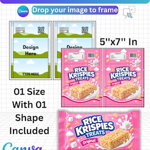 Pode incluir: Um modelo digital de embalagem para Rice Krispies com um layout de 12,7 cm por 17,8 cm. O design inclui seções editáveis para texto e imagens, um fundo rosa com a marca Rice Krispies Treats e um exemplo de uma embalagem finalizada.