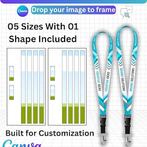 Peut inclure: Un modèle de sublimation pour cordon avec le texte LANYARD SUBLIMATION TEMPLATE, 05 Sizes With 01 Shape Included et Built for Customization. Le graphique présente deux cordons bleus et blancs avec des boucles noires et des clips métalliques.