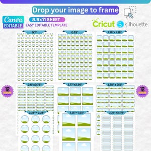 Pode incluir: Uma folha de modelos digitais Canva para etiquetas de nome com várias formas e tamanhos, incluindo círculos de 1,78 cm, quadrados de 1,91 cm, quadrados de 3 cm, retângulos de 6,6 cm por 1,91 cm, retângulos de 4,5 cm por 6 cm e círculos de 6 cm.