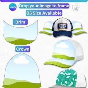 May include: A digital Canva template for a trucker hat featuring text that reads TRUCKER HAT CANVA TEMPLATE, Easy to use, Edit In Canva, Drag & Drop, Drop your image to frame, and 03 Size Available. Includes diagrams for brim and crown parts.