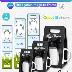 Może przedstawiać: Cyfrowy szablon na uchwyty do kubków w trzech rozmiarach oznaczonych jako 11 oz, 12 oz i 15 oz. Grafika zawiera tekst MUG HOLDER CANVA TEMPLATE, Drop your image to frame oraz Editora Templates. Przedstawiono trzy czarne tekturowe uchwyty z białymi kubkami i czarnymi kokardami.