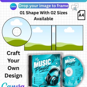 May include: A digital CD cover and case template featuring a grid background with text reading CD COVER & CASE TEMPLATE, Drop your image to frame, 01 Shape With 02 Sizes Available, Craft Your Own Design, and Canva. Includes a sample CD design.