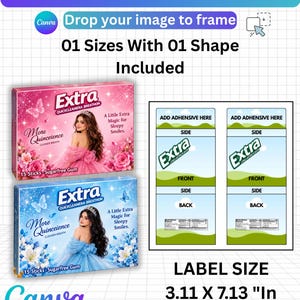 Pode incluir: Um modelo digital para embalagens de chiclete Extra medindo 3,11 x 7,13 polegadas. O design apresenta duas caixas retangulares com temas rosa e azul, cada uma mostrando uma pessoa de vestido, detalhes florais e o texto Extra Quickcleanera Breathon.