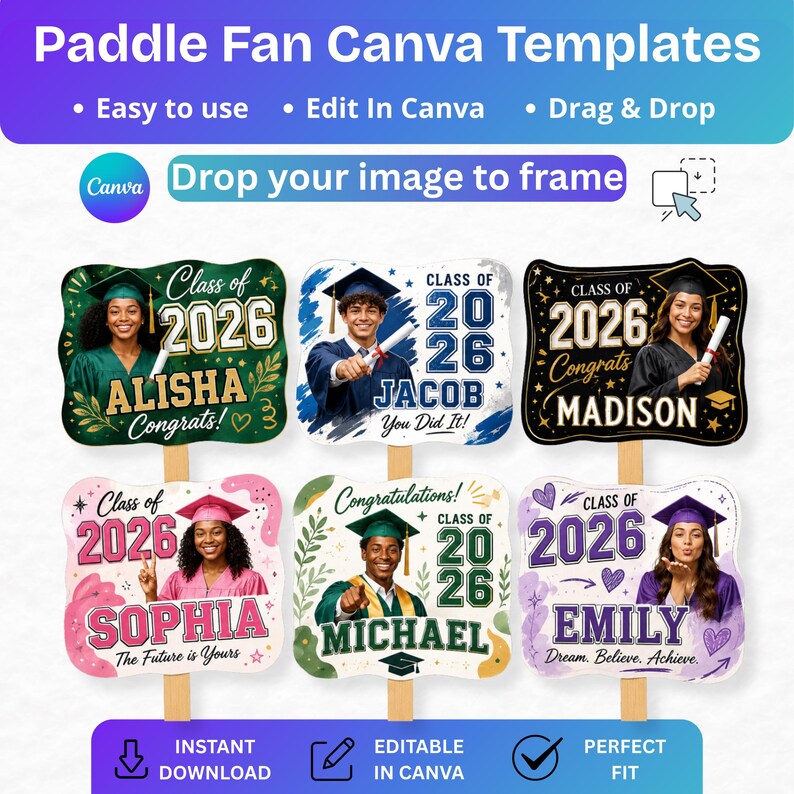 Graduation Paddle Fan Template Bundle 2026 | Canva Editable Grad Fans ...