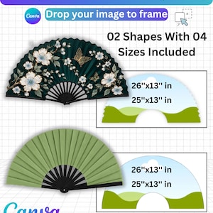 Puede incluir: Una plantilla digital de Canva para abanico con dos diseños: uno con fondo verde oscuro, flores blancas y mariposas doradas, y otro verde claro sólido. El texto incluye 02 Shapes With 04 Sizes Included y 26"x13" in, 25"x13" in.